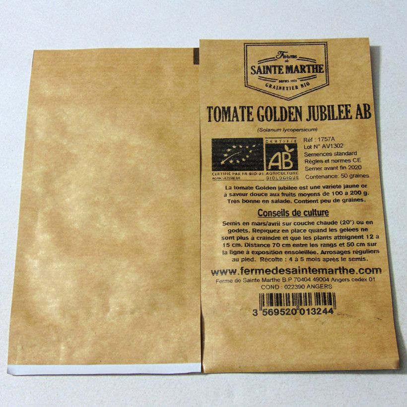 Voorbeeld van een exemplaar van Tomaat Golden Jubilee BIO - Ferme de Sainte Marthe het zakje met 50 zaden zoals geleverd
