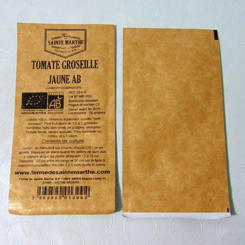 Voorbeeld van een exemplaar van Cherrytomaat Gele Kers BIO - Ferme de Sainte Marthe het zakje met 50 zaden zoals geleverd