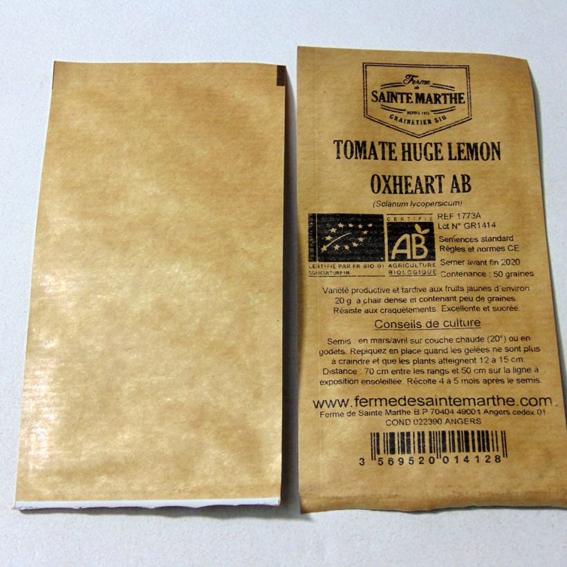 Voorbeeld van een exemplaar van Tomaat Huge Lemon Oxheart BIO - Ferme de Sainte Marthe het zakje met 50 zaden zoals geleverd