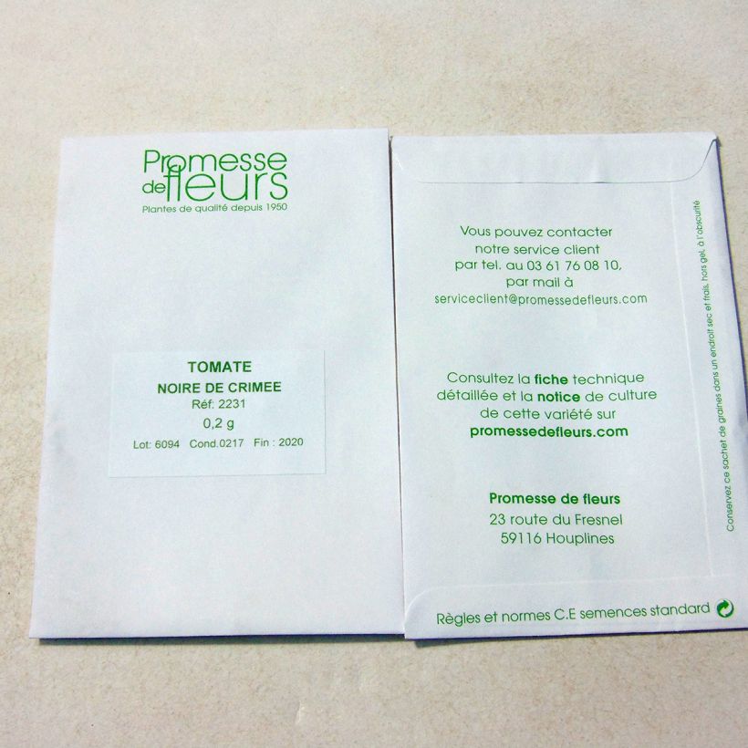 Voorbeeld van een exemplaar van Tomaat Noire de Crimée het zakje met 60 zaden (0,2g) zoals geleverd