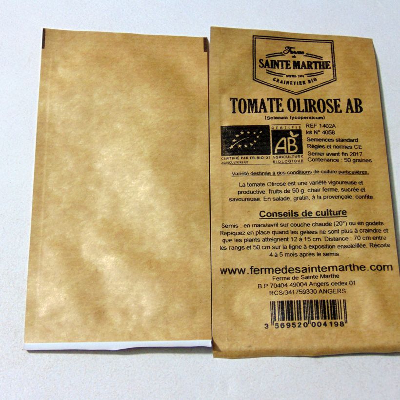 Voorbeeld van een exemplaar van Tomaat Olirose BIO - Ferme de Sainte Marthe het zakje met 50 zaden zoals geleverd
