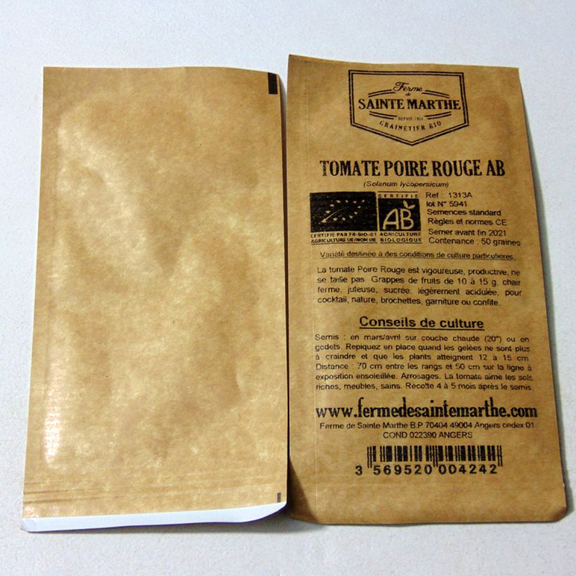 Voorbeeld van een exemplaar van Cherrytomaat Rode Peer BIO - Ferme de Sainte Marthe het zakje met 50 zaden zoals geleverd