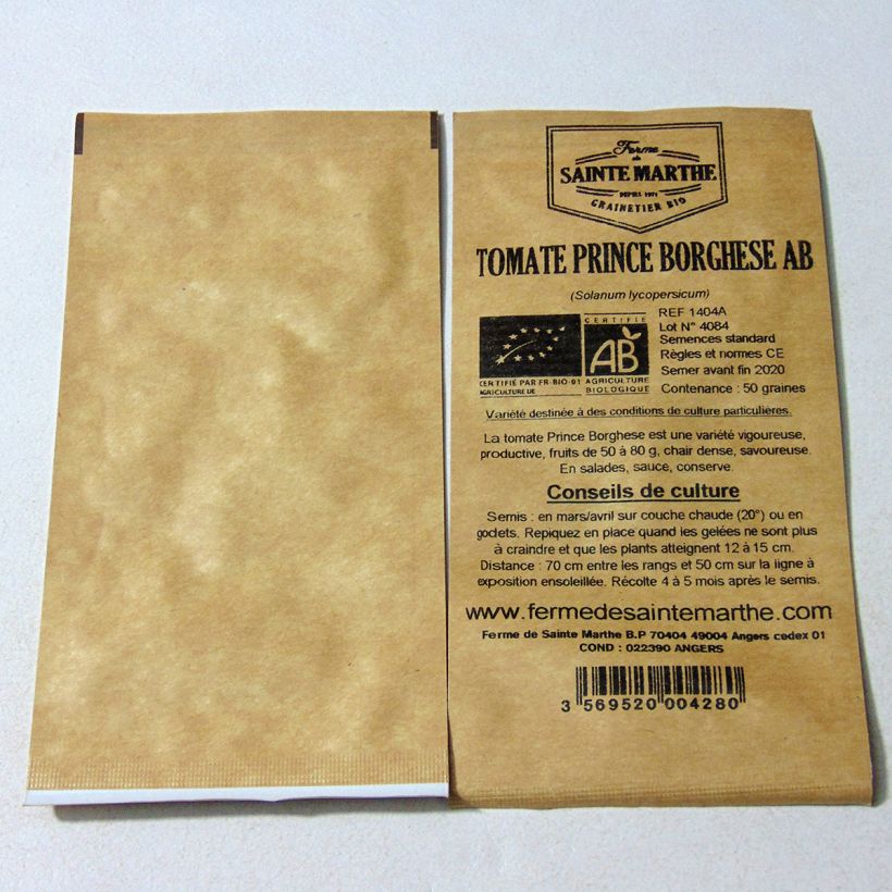Voorbeeld van een exemplaar van Tomaat Prince Borghese BIO - Ferme de Sainte Marthe het zakje met 50 zaden zoals geleverd