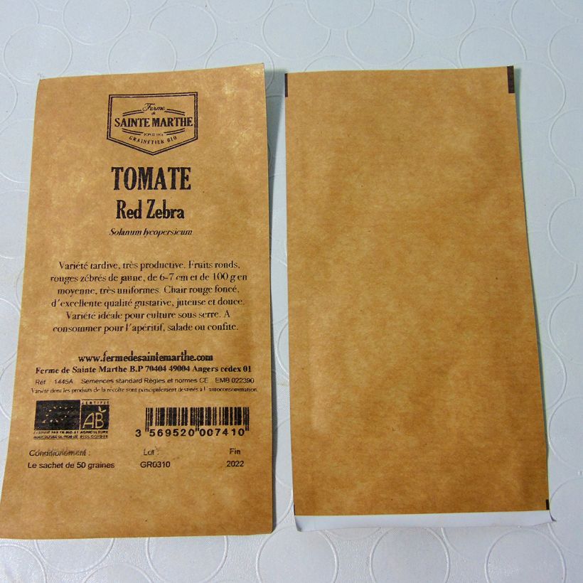 Voorbeeld van een exemplaar van Tomaat Red Zebra BIO - Ferme de Sainte Marthe het zakje met 50 zaden zoals geleverd