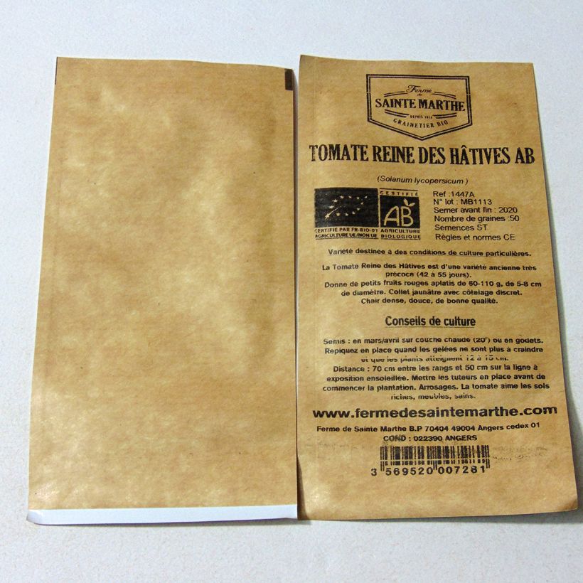 Voorbeeld van een exemplaar van Tomaat Koningin der Vroege BIO - Ferme de Sainte Marthe het zakje met 50 zaden zoals geleverd