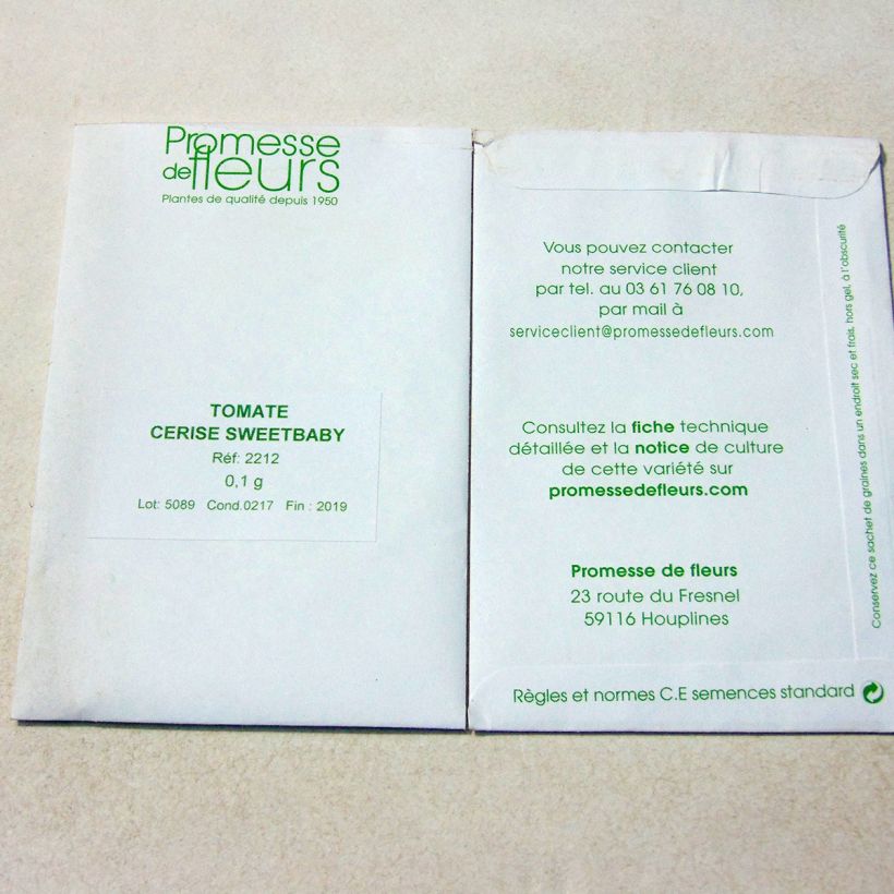 Voorbeeld van een exemplaar van Cherrytomaatje Sweetbaby het zakje met 30 zaden (0,1g) zoals geleverd