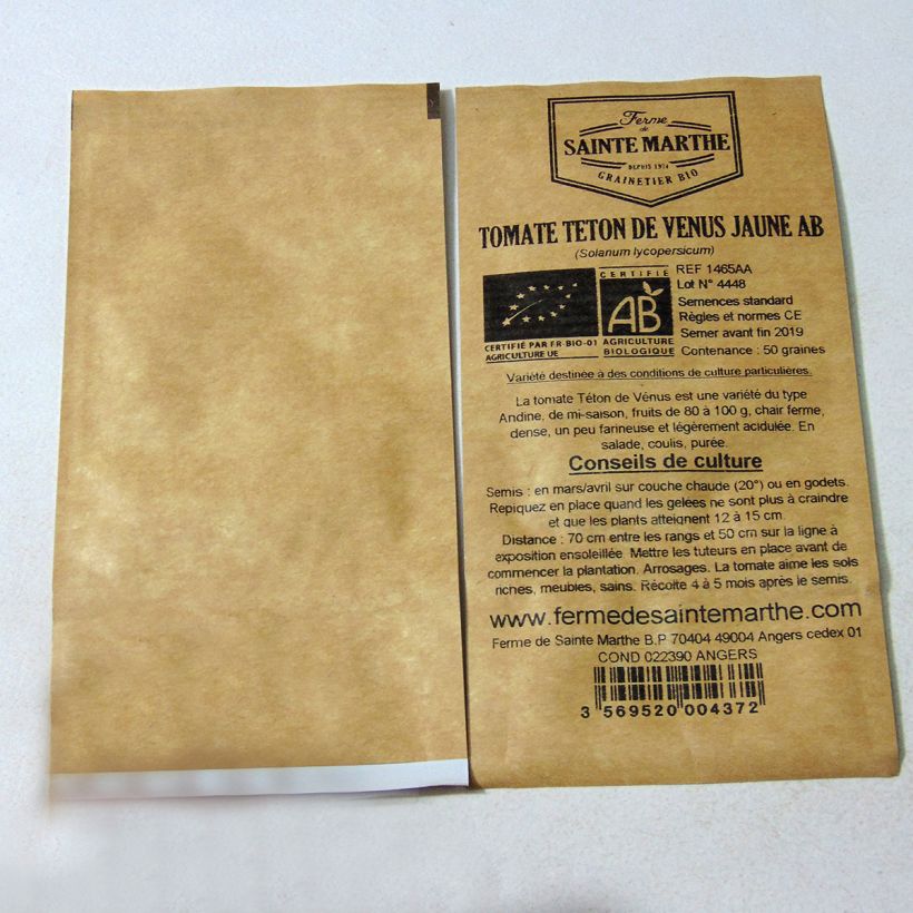 Voorbeeld van een exemplaar van Tomaat Gele Venus BIO - Ferme de Sainte Marthe het zakje met 50 zaden zoals geleverd